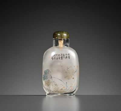 Lot 630 - AN INSIDE-PAINTED ‘LOTUS AND SCHOLAR’S ROCK’ SNUFF BOTTLE, BY ZHOU LEYUAN