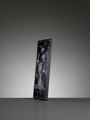 Lot 292 - A MOTHER-OF-PEARL-INLAID BLACK LACQUER TABLE SCREEN PANEL, KANGXI
