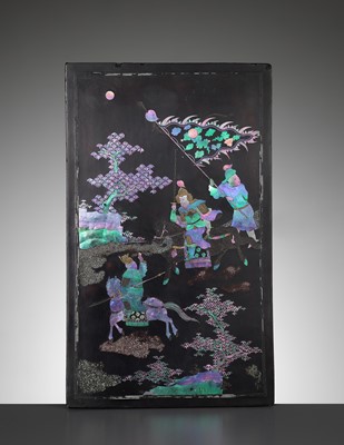 Lot 292 - A MOTHER-OF-PEARL-INLAID BLACK LACQUER TABLE SCREEN PANEL, KANGXI
