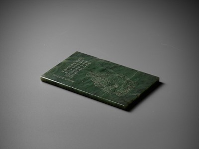 Lot 169 - AN IMPERIAL SPINACH-GREEN JADE ‘LUOHAN’ PANEL AFTER GUANXIU (823-912 AD), WITH A POETIC EULOGY BY HONGLI (1711-1799)