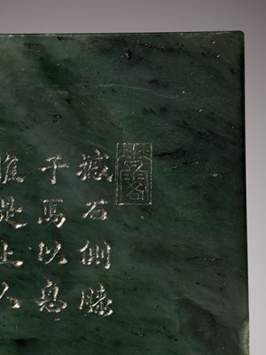 Lot 169 - AN IMPERIAL SPINACH-GREEN JADE ‘LUOHAN’ PANEL AFTER GUANXIU (823-912 AD), WITH A POETIC EULOGY BY HONGLI (1711-1799)