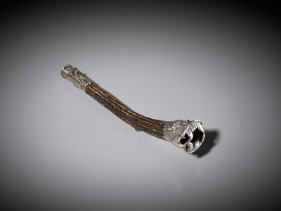 Lot 549 - A SILVER AND STAG ANTLER ‘MAKARA’ FLUTE, KANGLING, TIBET, 19TH CENTURY