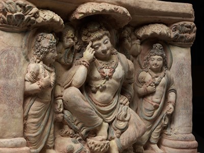 Lot 215 - AN EXTRAORDINARILY RARE AND SPECTACULAR TERRACOTTA RELIEF OF A THINKING PRINCE SIDDHARTA UNDER THE BODHI TREE, ANCIENT REGION OF GANDHARA