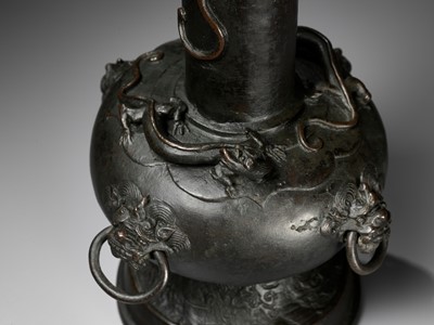 Lot 143 - A LARGE AND MASSIVE BRONZE ‘CHILONG’ ARROW VASE, TOUHU, YUAN TO EARLY MING DYNASTY