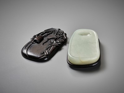 Lot 54 - A PALE CELADON JADE INKSTONE WITH MATCHING ZITAN STAND AND COVER, QING DYNASTY
