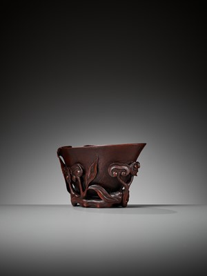 Lot 283 - A COPPER-RED LACQUERED BAMBOO ‘LINGZHI’ LIBATION CUP, MING DYNASTY