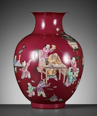 Lot 132 - A LARGE PUCE-GROUND ‘SLEEPING TEACHER & MISCHIEVOUS BOYS’ VASE, LATE QING TO REPUBLIC PERIOD