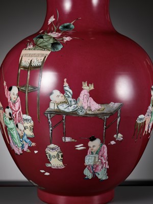 Lot 116 - A LARGE PUCE-GROUND ‘SLEEPING TEACHER & MISCHIEVOUS BOYS’ VASE, LATE QING TO REPUBLIC PERIOD