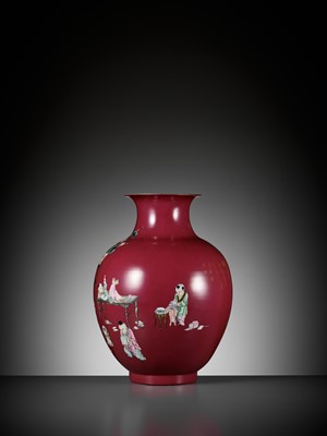 Lot 116 - A LARGE PUCE-GROUND ‘SLEEPING TEACHER & MISCHIEVOUS BOYS’ VASE, LATE QING TO REPUBLIC PERIOD