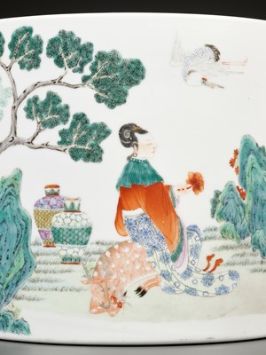 A LARGE FAMILLE ROSE ‘MAGU, HE XIANGU AND LAN CAIHE’ BRUSHPOT, BITONG, 18TH CENTURY