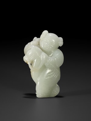 A PALE CELADON FIGURE OF A BOY WITH A HOBBY HORSE, 18TH CENTURY