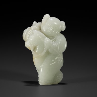 Lot 103 - A PALE CELADON FIGURE OF A BOY WITH A HOBBY HORSE, 18TH CENTURY