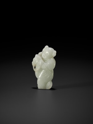 Lot 103 - A PALE CELADON FIGURE OF A BOY WITH A HOBBY HORSE, 18TH CENTURY