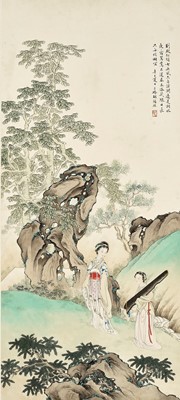 Lot 572 - ‘LADIES AND QIN ON A SUMMER DAY’ BY HU XIGUI, DATED 1881