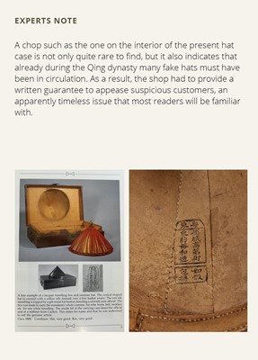 Lot 593 - A MANDARIN’S SUMMER HAT, JI GUAN, WITH A NINTH-RANK OFFICIAL’S FINIAL AND LEATHER TRAVELLING BOX, QING DYNASTY