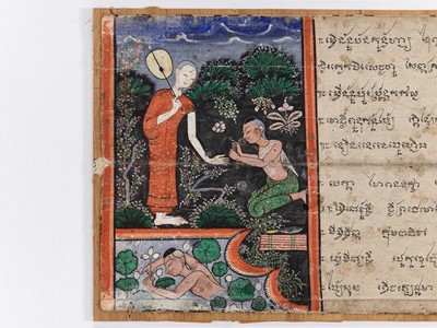 Lot 383 - TWO ILLUSTRATED ‘PHRA MALAI’ MANUSCRIPT LEAVES, 19TH CENTURY