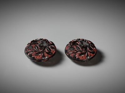 Lot 279 - A PAIR OF RED AND BLACK LACQUER ‘LYCHEE’ BOXES AND COVERS, MING DYNASTY