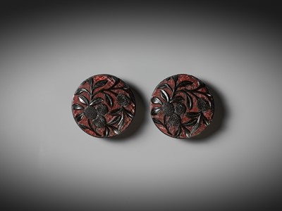 Lot 279 - A PAIR OF RED AND BLACK LACQUER ‘LYCHEE’ BOXES AND COVERS, MING DYNASTY