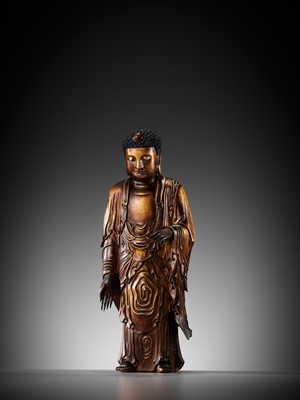 Lot 173 - A LARGE AND IMPORTANT LACQUER-GILT WOOD FIGURE OF BUDDHA, 17TH-18TH CENTURY