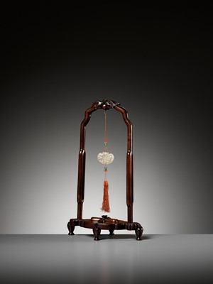 Lot 53 - A WHITE JADE POMANDER AND MATCHING WOOD STAND, QIANLONG