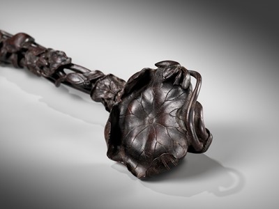 Lot 10 - A ZITAN WOOD ‘LOTUS’ RUYI SCEPTER, PROBABLY IMPERIAL
