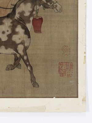 Lot 559 - A SILK PAINTING OF BO LE WITH HORSES, AFTER ZHAO MENGFU (1254-1322)