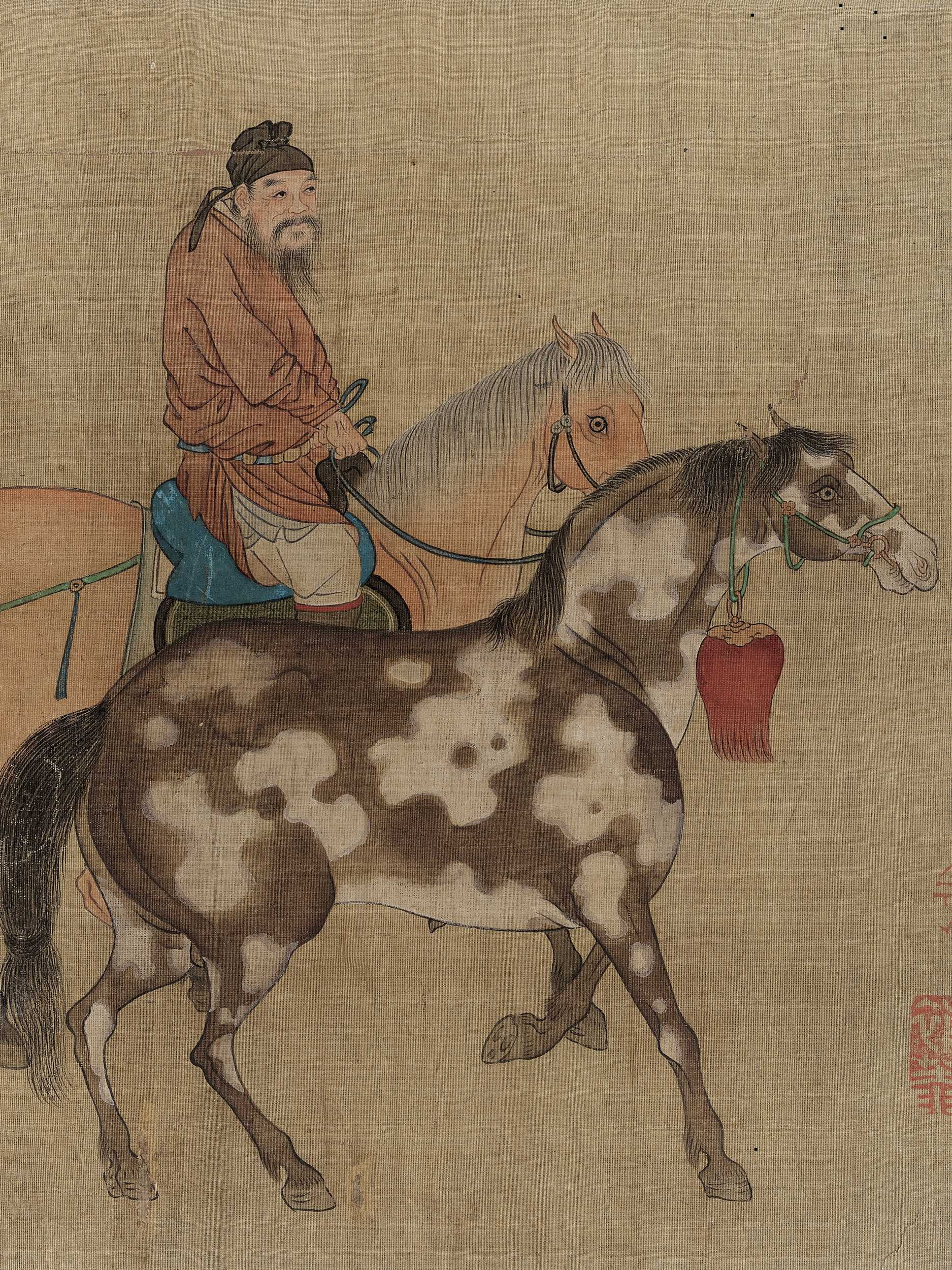 Lot 559 - A SILK PAINTING OF BO LE WITH HORSES, AFTER