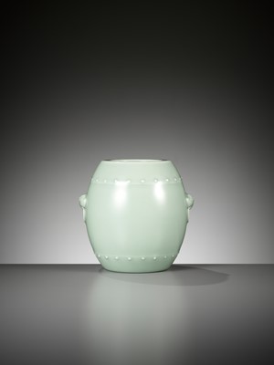Lot 93 - A CELADON-GLAZED DRUM-SHAPED VESSEL, JIAQING MARK AND PERIOD
