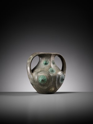 Lot 91 - A BLACK POTTERY AMPHORA WITH APPLIED BRONZE BOSSES, HAN DYNASTY
