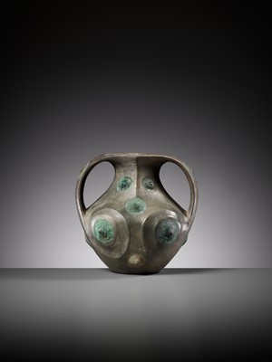 Lot 91 - A BLACK POTTERY AMPHORA WITH APPLIED BRONZE BOSSES, HAN DYNASTY
