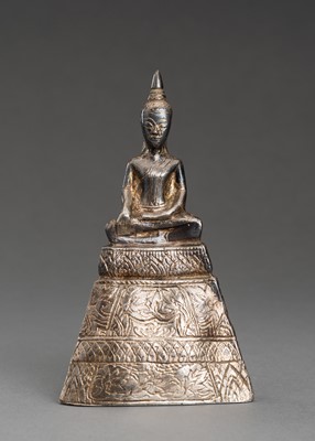 Lot 857 - A THAI SILVER FOIL REPOUSSÉ FIGURE OF BUDDHA, 19th CENTURY