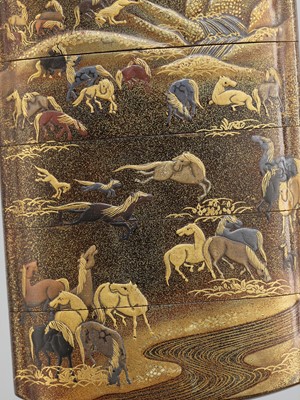 Lot 175 - KAJIKAWA: A GOLD LACQUER FOUR-CASE INRO WITH SEVENTY HORSES