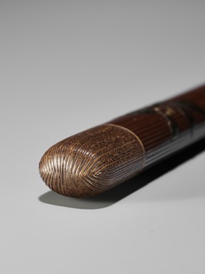 Lot 1605 - TAISAI: A FINE WOVEN RATTAN KISERUZUTSU WITH A LACQUERED DESIGN OF FRUITING YAKUBOJI