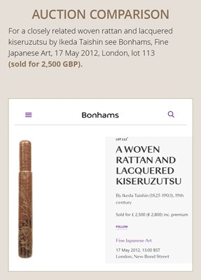 Lot 1605 - TAISAI: A FINE WOVEN RATTAN KISERUZUTSU WITH A LACQUERED DESIGN OF FRUITING YAKUBOJI