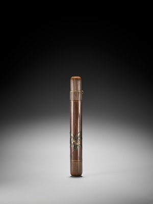 Lot 1605 - TAISAI: A FINE WOVEN RATTAN KISERUZUTSU WITH A LACQUERED DESIGN OF FRUITING YAKUBOJI