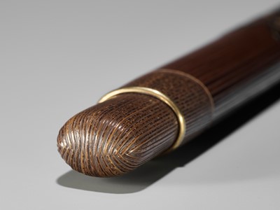 Lot 1605 - TAISAI: A FINE WOVEN RATTAN KISERUZUTSU WITH A LACQUERED DESIGN OF FRUITING YAKUBOJI
