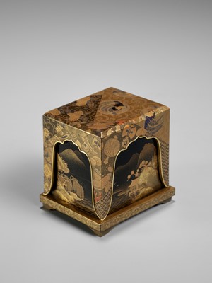 Lot 15 - A FINE AND RARE LACQUER JU-KOBAKO (SMALL TIERED BOX), COVER AND STAND DEPICTING MOUNTAIN LANDSCAPES