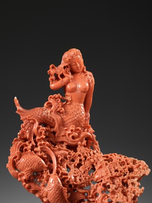 Lot 301 - A FINELY CARVED CORAL GROUP OF A MERMAID AND FISH, 20TH CENTURY