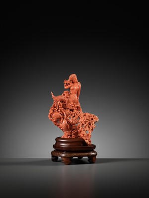 Lot 301 - A FINELY CARVED CORAL GROUP OF A MERMAID AND FISH, 20TH CENTURY