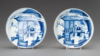 Lot 610 - A PAIR OF BLUE AND WHITE ‘PALACE GARDEN’ PORCELAIN DISHES, QING