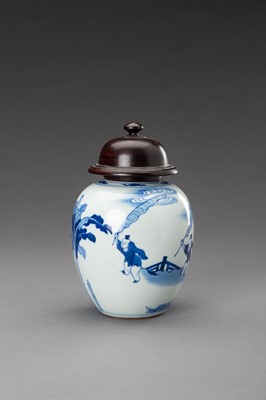 Lot 715 - A BLUE AND WHITE ‘WARRIOR RIDING A QILIN’ PORCELAIN GINGER JAR, 1930s