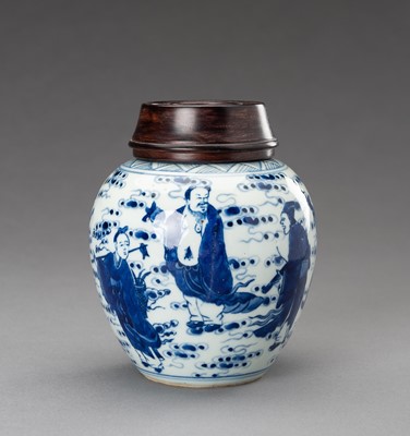 Lot 712 - A BLUE AND WHITE ‘EIGHT IMMORTALS’ PORCELAIN GINGER JAR, 1930s