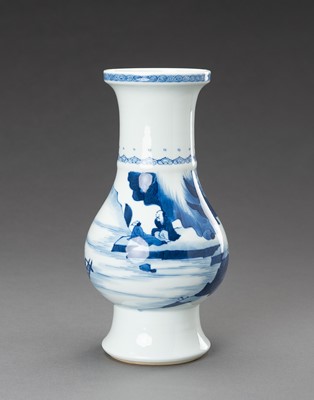Lot 714 - A BLUE AND WHITE ‘TRAVERSING THE RIVER’ PORCELAIN VASE, 1930s
