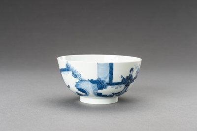 Lot 642 - A KANGXI STYLE BLUE AND WHITE ‘LADIES IN PALACE’ PORCELAIN BOWL, 1920s