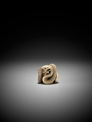 Lot 25 - A SUPERB IVORY NETSUKE OF A SNAKE PREYING ON A FROG, ATTRIBUTED TO MASATSUGU