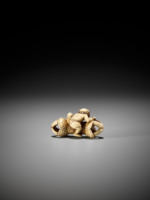 Lot 209 - A RARE IVORY NETSUKE OF AN ONI ON A KONGO (VAJRA)