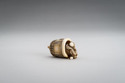 Lot 1496 - AN IVORY NETSUKE OF BENKEI AND THE BELL OF MIIDERA