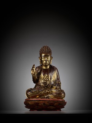 Lot 618 - A LARGE AND HEAVY GILT-LACQUERED WOOD FIGURE OF BUDDHA
