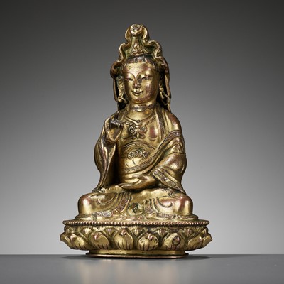 Lot 333 - A GILT COPPER ALLOY FIGURE OF GUANYIN, 18TH CENTURY