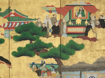 Lot 1248 - A SIX-PANEL BYOBU SCREEN DEPICTING THE ARRIVAL OF A PORTUGUESE SHIP